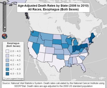Age-adjusted incidence rates by State, All Races, Both Sexes for Esophageal Cancer.